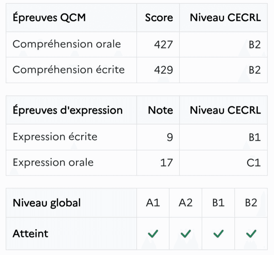 Résultats TCF IRN : niveau global B2 atteint avec un niveau B1 en expression écrite (9/20)